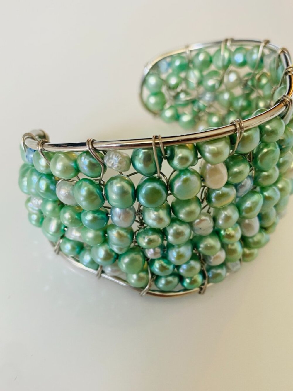 Vintage Aquamarine Pearl Beach Boho Bracelet Real Freshwater Pearls Summer Chic - Picture 2 of 4